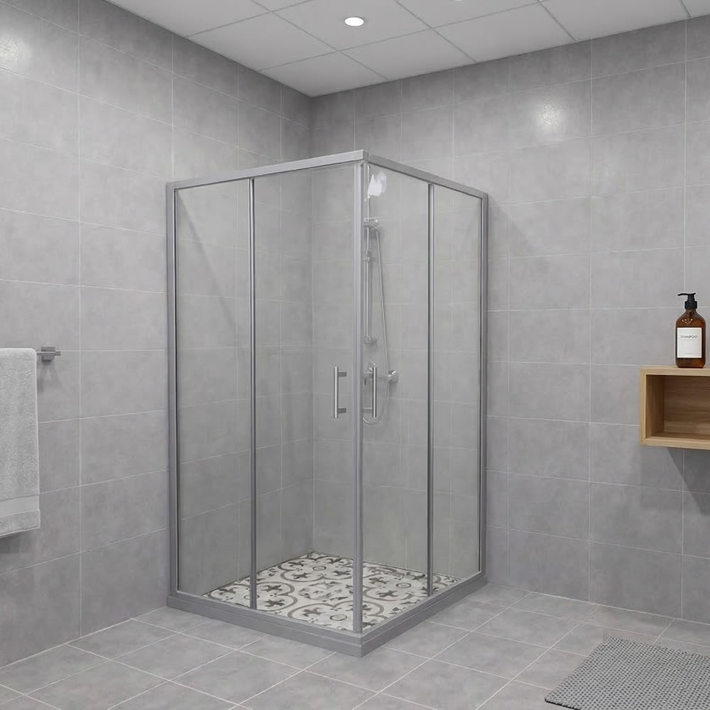 Pratiko D242 90x90x190h Duşakabin 2 Sabit Panel 2 Kayar Kapı Parlak Krom Profil Şeffaf Cam 