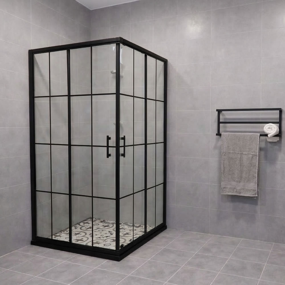 Pratiko D242 90x90x190h Duşakabin 2 Sabit Panel 2 Kayar Kapı Siyah Profil Karolajlı Cam Sad24-01