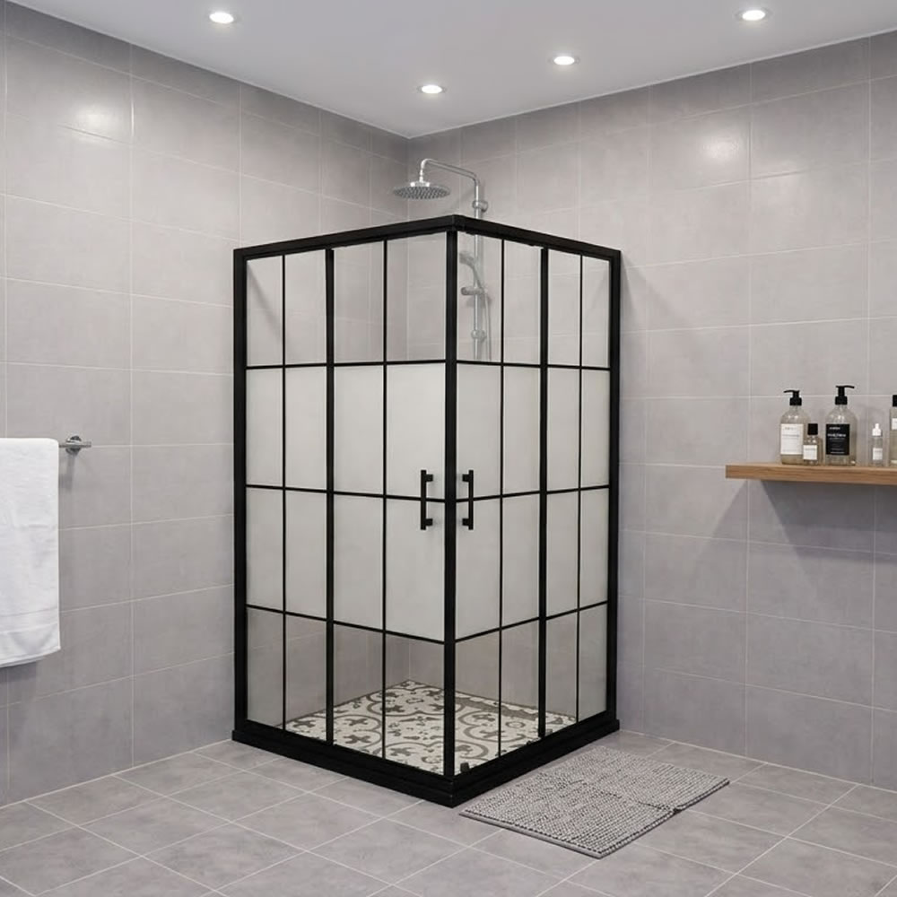 Pratiko D242 90x90x190h Duşakabin 2 Sabit Panel 2 Kayar Kapı Siyah Profil Karolajlı Desenli Cam Sad24-02