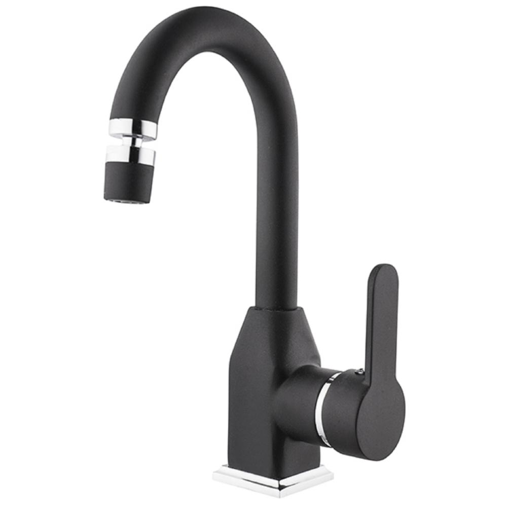 Kare Kst30010-K Stil Siyah Krom Kuğu Lavabo Bataryası ( Kısa Borulu Oynar Perlatörlü )