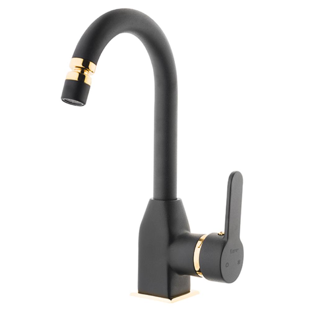Kare Kst30010 Stil Siyah Gold Kuğu Lavabo Bataryası ( Kısa Borulu Oynar Perlatörlü )